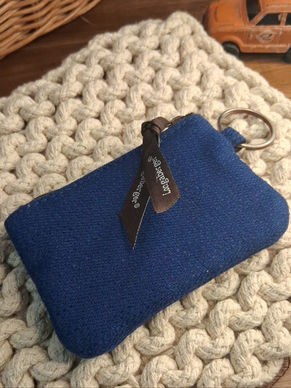 Longaberger Navy Blue Textured Keychain Pouch with Brown Ribbon